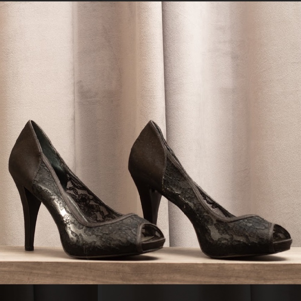 Black Lace Peep Toe Heels